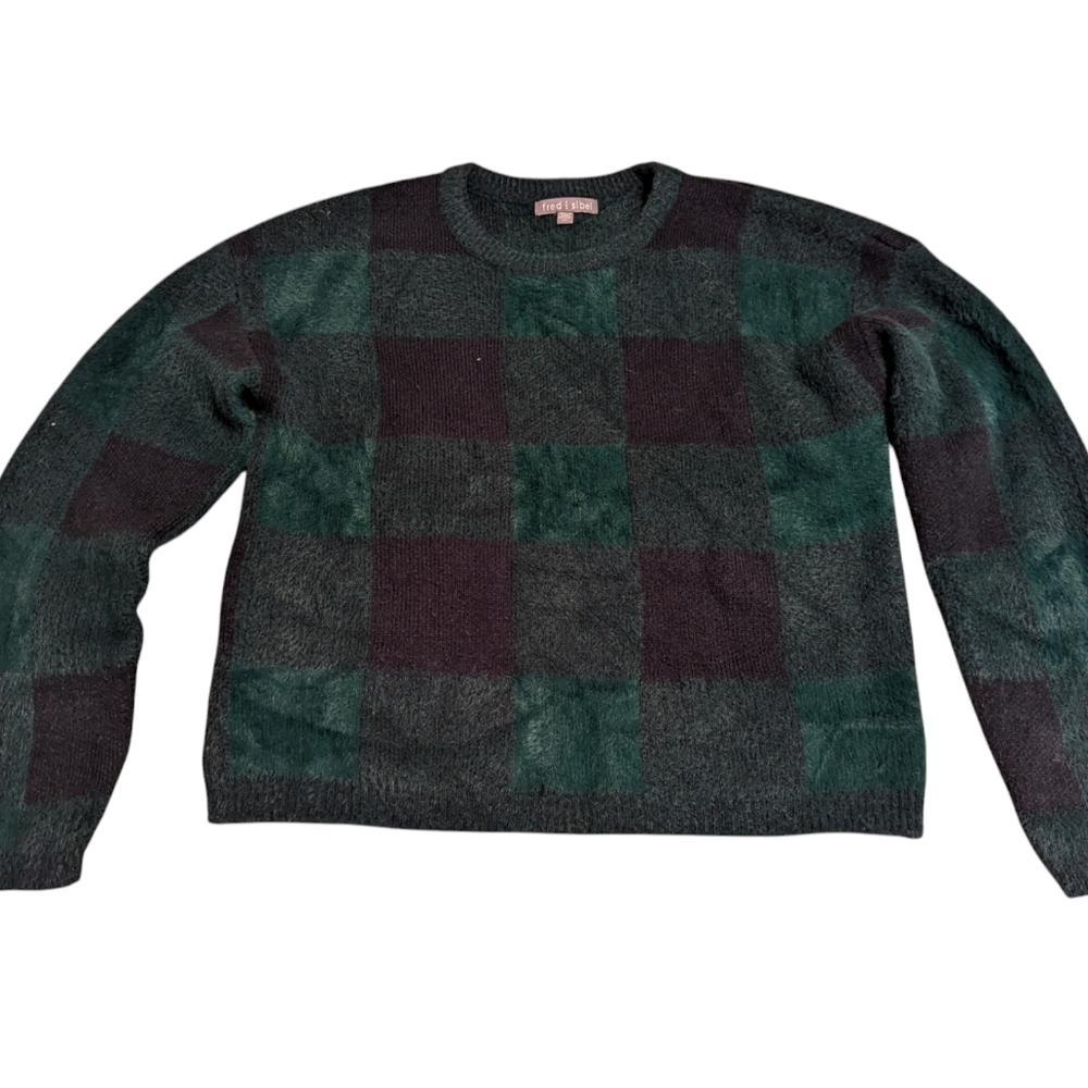 Anthropologie Fred and Sibel Susan Plaid Green Black Crop Sweater X-Small